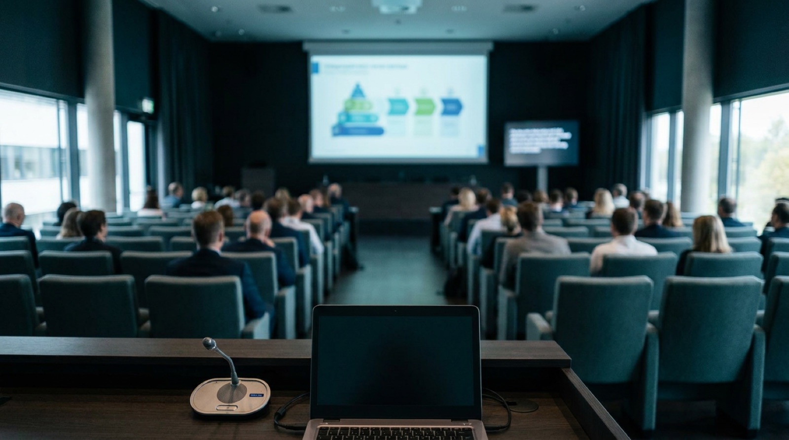 A conference audience facing a presentation screen with a live caption display beside it.