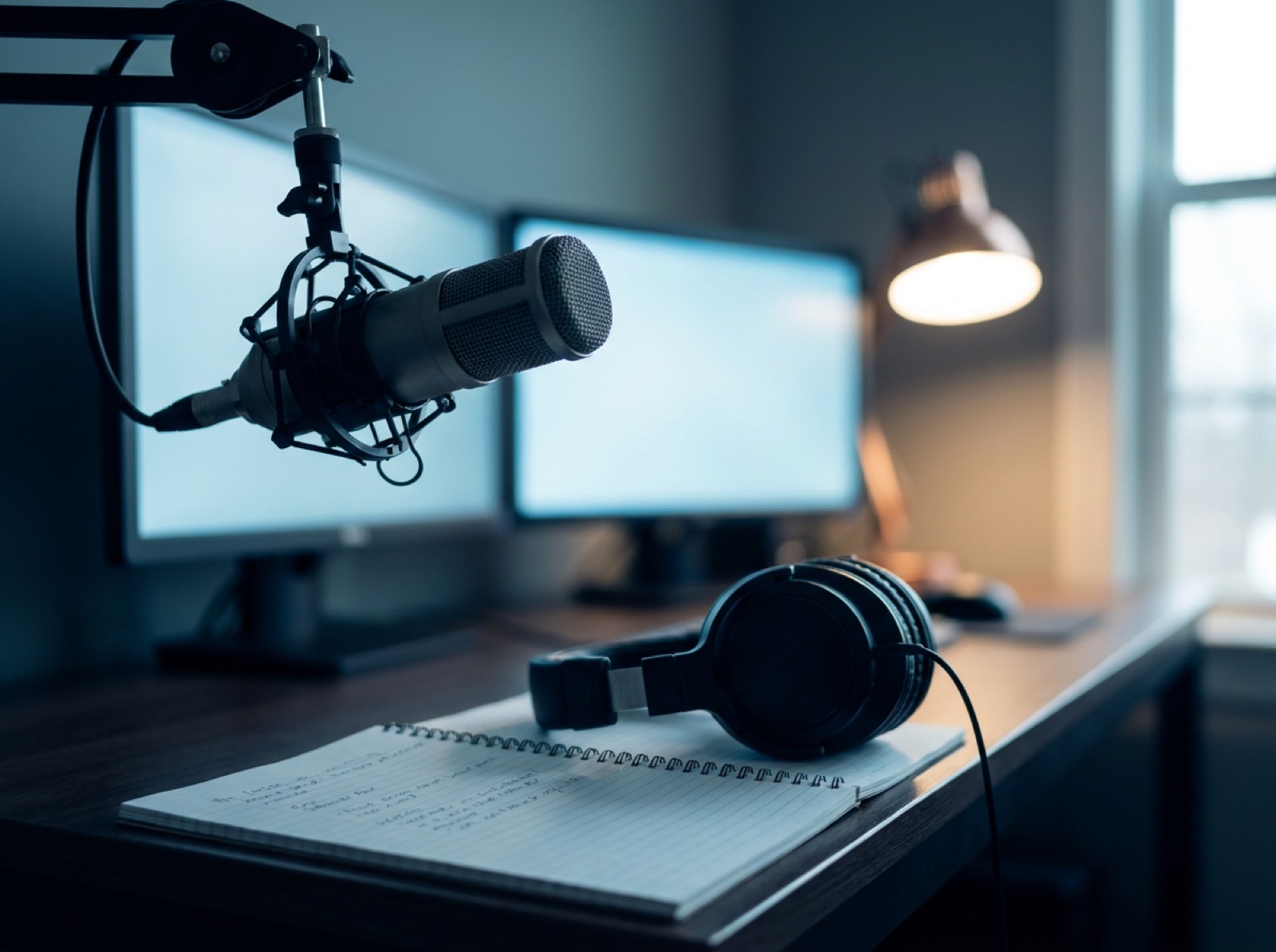 A captioner's workstation with a broadcast microphone, headphones, and handwritten preparation notes.